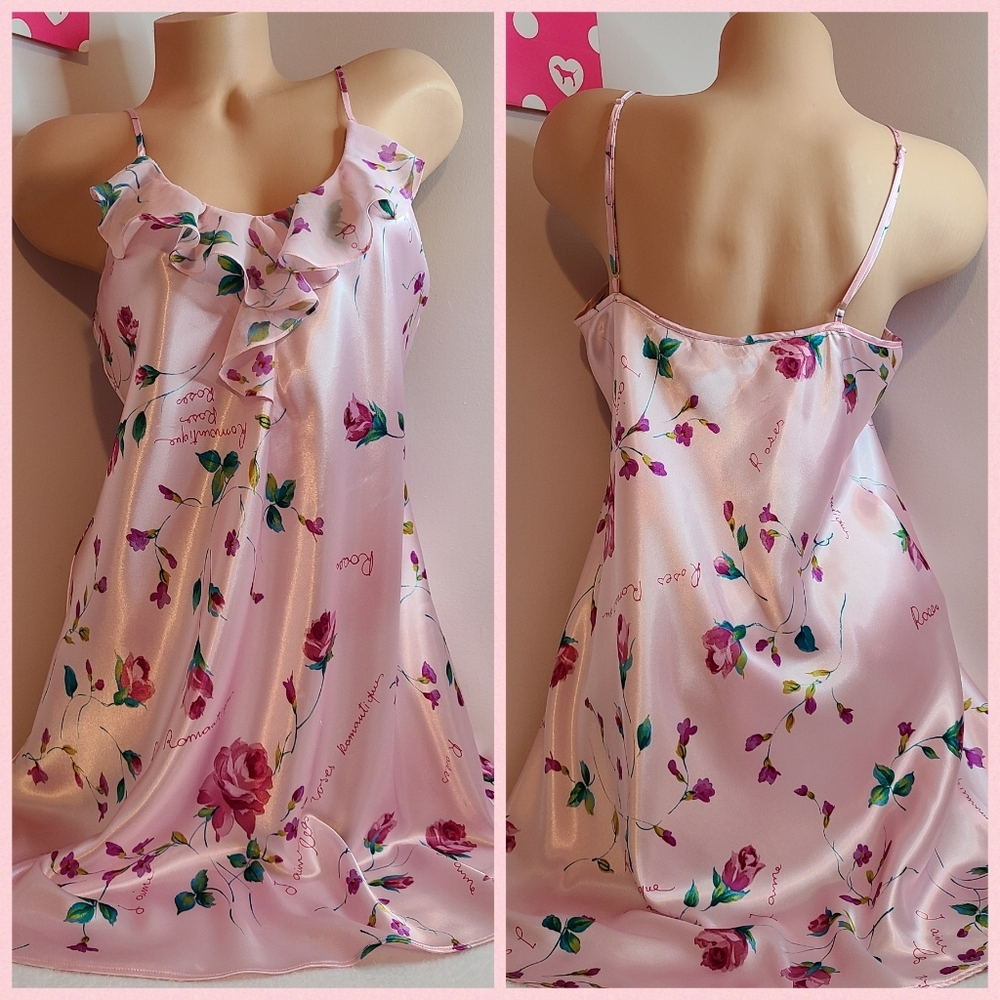 VTG Madison & Max Silky Satin Ruffle Babydoll Chemise Size M Pink